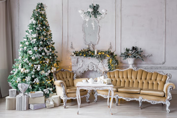 classic apartments with a white fireplace, decorated fir tree, sofa, large windows and chandelier. Christmas morning .