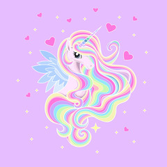 A beautiful rainbow unicorn with a long mane on a pink background. For the design of prints, T-shirts, etc. Vector