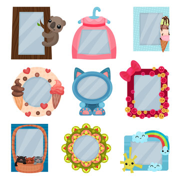 Collection of cute photo frames, album templates for kids with space for photo or text, card, picture frames vector Illustration on a white background