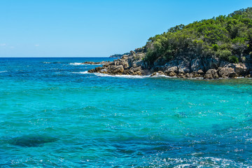 Panoramic view of Aegean sea at Chalkidiki, Greece. Proti Ammoudia beach, one of the most beautiful beaches in the Aegean Sea.