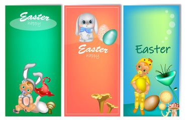 Set of three vertical Easter banners with cute kids in costume (bunny and chicken). Easter banner template with place for your text.