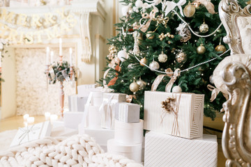 Classic apartments. Many Christmas gifts under tree