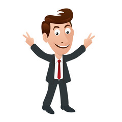 Un personnage mascotte fait le signe de la victoire avec ses doigts pour exprimer sa réussite.