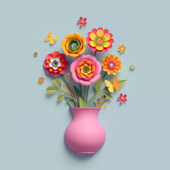 3d render, craft paper flowers, pink vase, floral bouquet, autumn botanical arrangement, fall colors, nature clip art isolated on light blue background, thanksgiving greeting card template