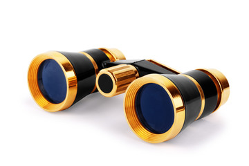 Elegant vintage small theater binocular, decorated with ivory imitation and golden details,...