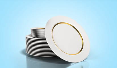 a stack of white plates with a gold strip 3d render on a blue background