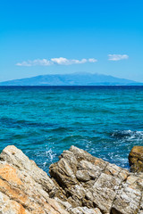 Fototapeta premium Panoramic view of Aegean sea at Chalkidiki, Greece. Proti Ammoudia beach, one of the most beautiful beaches in the Aegean Sea.