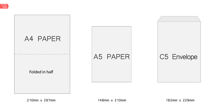 Creative vector illustration of white blank paper C5 envelopes template set isolated on white background. International tandard A5 sizes. Art design empty example packing letter. Graphic element