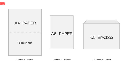 Creative vector illustration of white blank paper C5 envelopes template set isolated on white background. International tandard A5 sizes. Art design empty example packing letter. Graphic element