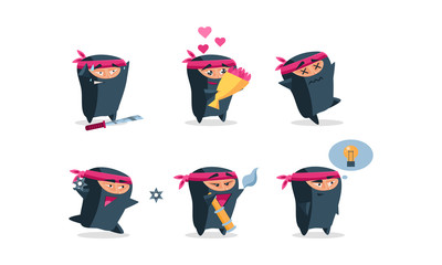 Flat vector set of cute ninja in different actions. Funny cartoon character. Emoji for social network, t-shirt print or postcard