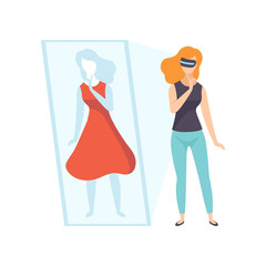 Young woman trying on red dress wearing virtual reality digital glasses, girl using optical device for real visualisation and simulation vector Illustration on a white background