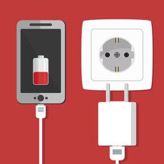 Smartphone and charger adapter. Low battery, addiction. Phone is charging from wall outlet. Vector illustration in flat style