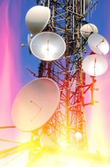 Telecommunication tower Antenna with fire and flames effects. Technology background.