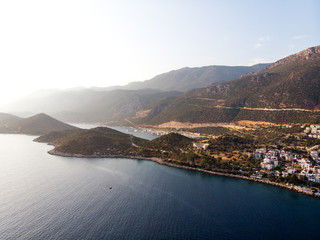 Aerial Drone View of Kas is small fishing, diving, yachting and tourist town in district of Antalya Province, Turkey.