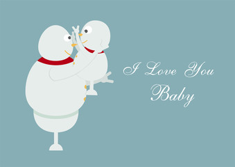 Snowman family portrait on blue background for Merry Christmas on 25 December. Father hold the son.