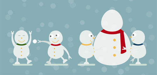 Snowman family portrait on blue background for Merry Christmas on 25 December. Fun of kids.