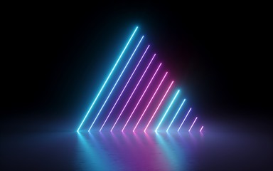 3d render, abstract minimal background, glowing lines, triangle shape, pink blue neon lights, ultraviolet spectrum, laser show - obrazy, fototapety, plakaty