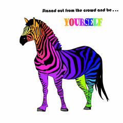 Fototapeta na wymiar poster with a rainbow zebra and saying be yourself