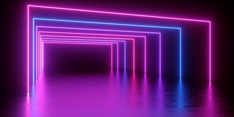 3d render, abstract minimal background, glowing lines tunnel, arch, corridor, pink blue neon...