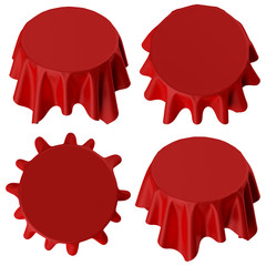 3d render, round table covered with red blank tablecloth, different perspective positions, textile...