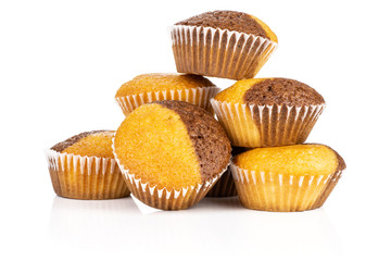 Group of six whole fresh baked marble muffin isolated on white background