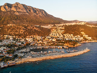 Fototapeta na wymiar Aerial Drone View of Kas is small fishing, diving, yachting and tourist town in district of Antalya Province, Turkey.