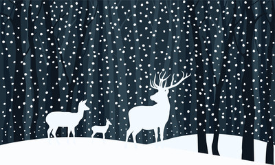 Deer family. Silhouettes of deer in winter forest among trees on dark background. Vector illustration. 