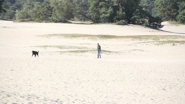 A dog and owner walking in sand dunes.