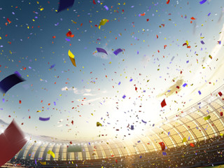 Stadium day Confetti and tinsel with people fans. 3d render illustration blue sky © Anna Stakhiv