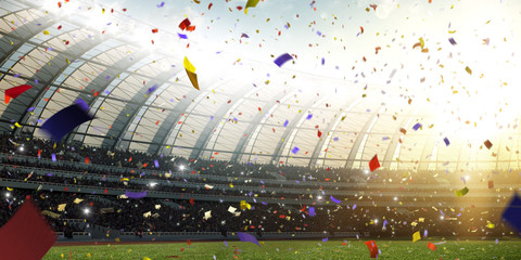 Stadium day Confetti and tinsel with people fans. 3d render illustration