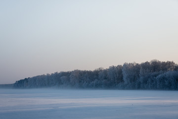Winter landscape with forest covered in snow and fog during early hours