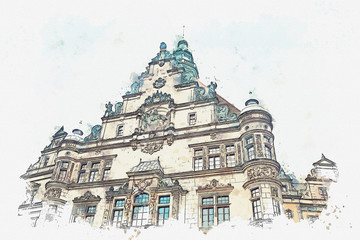 A watercolor sketch or illustration. Part of the ancient architectural complex called the Royal Palace built in the 16th century in Dresden in Germany.