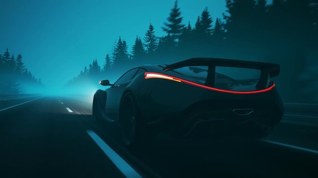 Endless drive through foggy landscape at night. Super car racing through highway