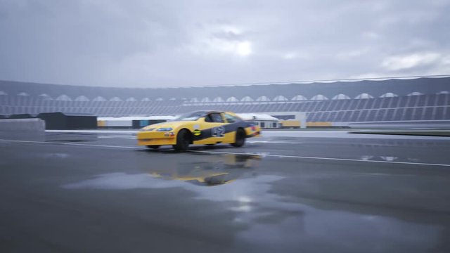 High speed racing car driving and drifting without smoke around racing track.