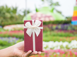 Gift box in hand on blurred wind wheel and flower background,