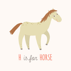 Cartoon white horse. H is for Horse. Cartoon vector hand drawn eps 10 childrens illustration isolated on white background.