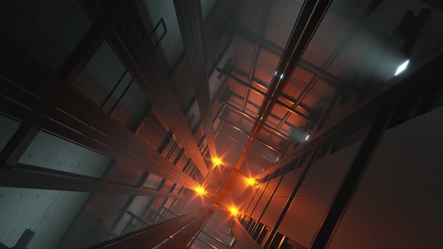 Fast elevator going upwards in the shaft. Climatic lights lit the darkness. 4KHD
