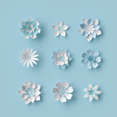 3d render, abstract white paper flowers, pastel floral background, decorative design elements isolated on blue