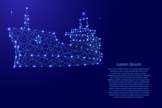 Ship dry cargo vessel from futuristic polygonal blue lines and glowing stars for banner, poster, greeting card. Vector illustration.