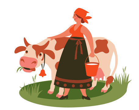 recommend clip art: milkmaid with a bucket of milk pats a cow. vector illustration