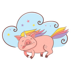 Obraz na płótnie Canvas Funny Piggy symbol 2019 new year. Magic unicorn pig in doodle style