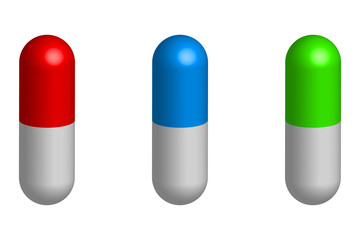 Comprimidos de antibióticos azul, rojo y verde. 