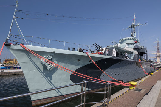 Ship museum Grom class destroyer ORP Blyskawica (Thunderbolt) in Port of Gdynia city, Poland.