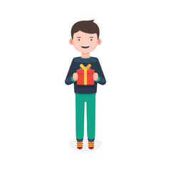 Happy boy in pajamas with gift box. Vector illustration in flat style isolated on white background