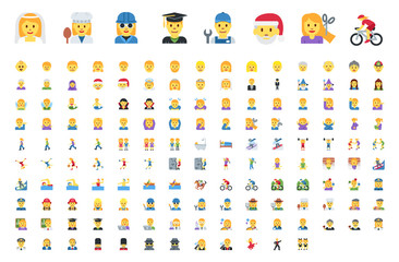 All type of people, different workers, man, woman works, jobs, professions, emojis, emoticons, stickers, symbols. Teachers, doctors, sports, sportsmen, musicians. Labour icons set, collection