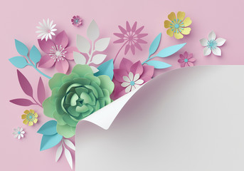 3d render, digital illustration, decorative paper flowers isolated on pink, floral bouquet, pastel color wallpaper, greeting card template, white page corner curl, minimal background, space for text