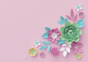 3d render, digital illustration, decorative paper flowers isolated on pink, pastel color wallpaper, corner design element, clip art, greeting card template, minimal background, space for text