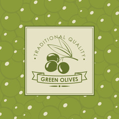 Fototapeta na wymiar Vector banner or label for green olives with olive twig and ribbon in retro style on the background of green olives