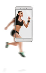 Dynamic photo of young athletic woman running race. conceptual image with a smartphone, demonstration of device capabilities