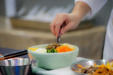 Bibimbap, Korean food, Chef preparing food, meal, chef cooking in kitchen